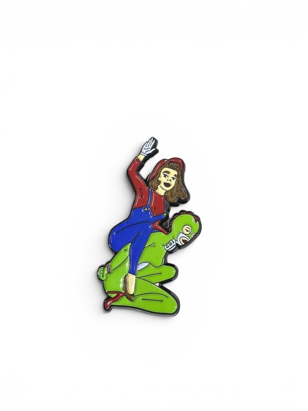 Fun Unique Strange Weird Enamel Pin: Woman In Overalls Riding A Gimp Like Figure